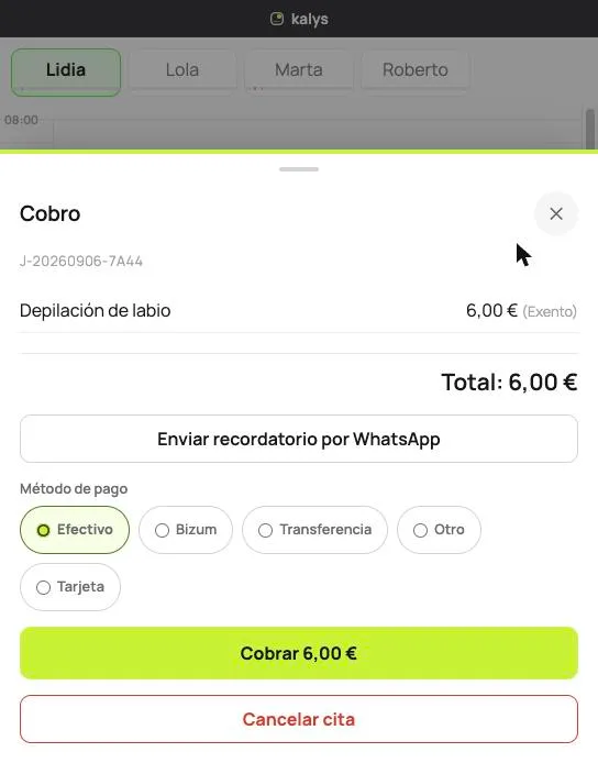 Pantalla de cobro en Kalys con el total, el método de pago y el botón de enviar recordatorio por WhatsApp