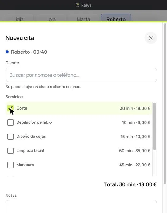 Panel de nueva cita en Kalys: profesional, hora, cliente y lista de servicios con precio